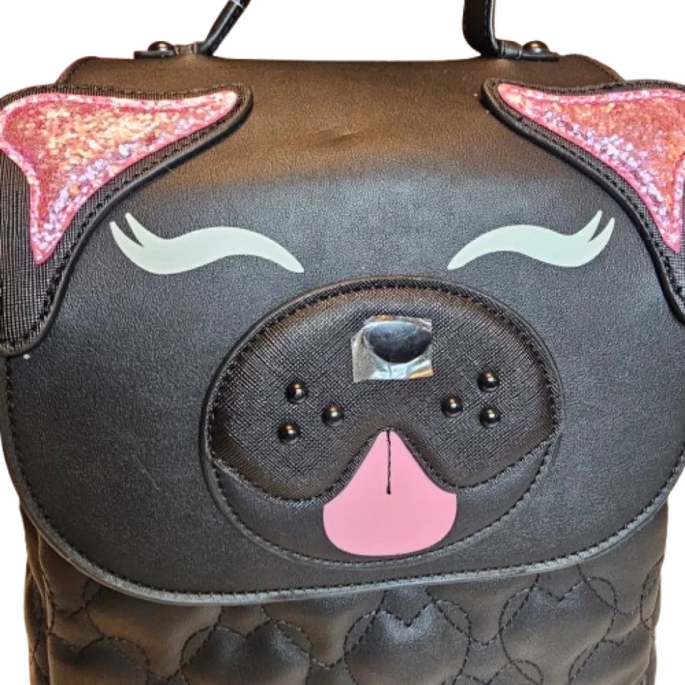 Betsey Johnson XO Buddy Dog Backpack Black Pink Quilted NWT